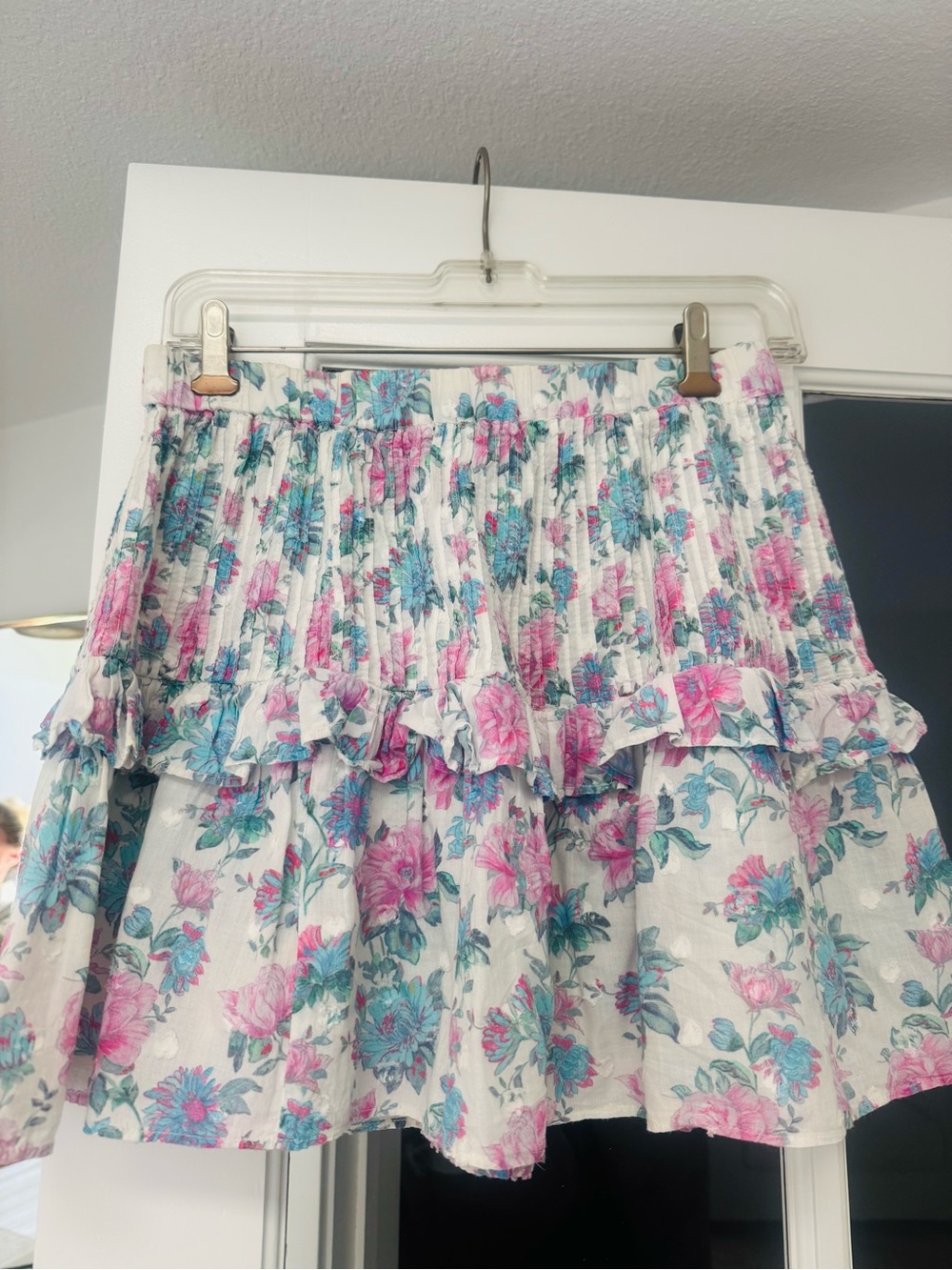 LoveShackFancy Pink & Teal Floral Ruffle Mini Skirt